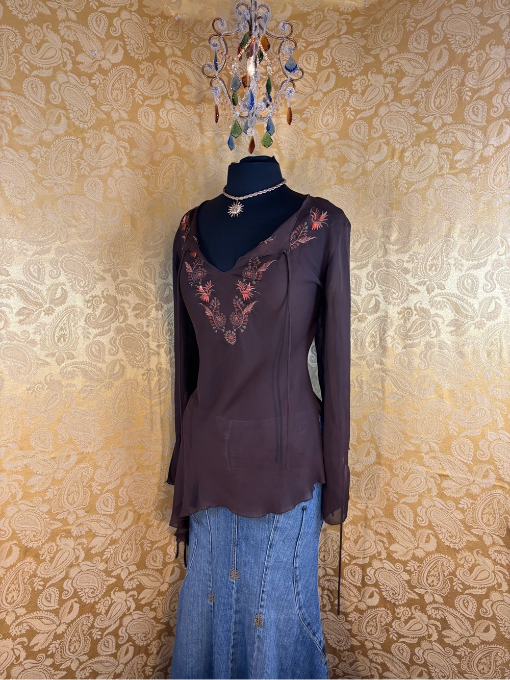 ✨Vintage Y2K Boho Floral Embroidered Keyhole Bell Sleeve Asymmetrical Blouse✨